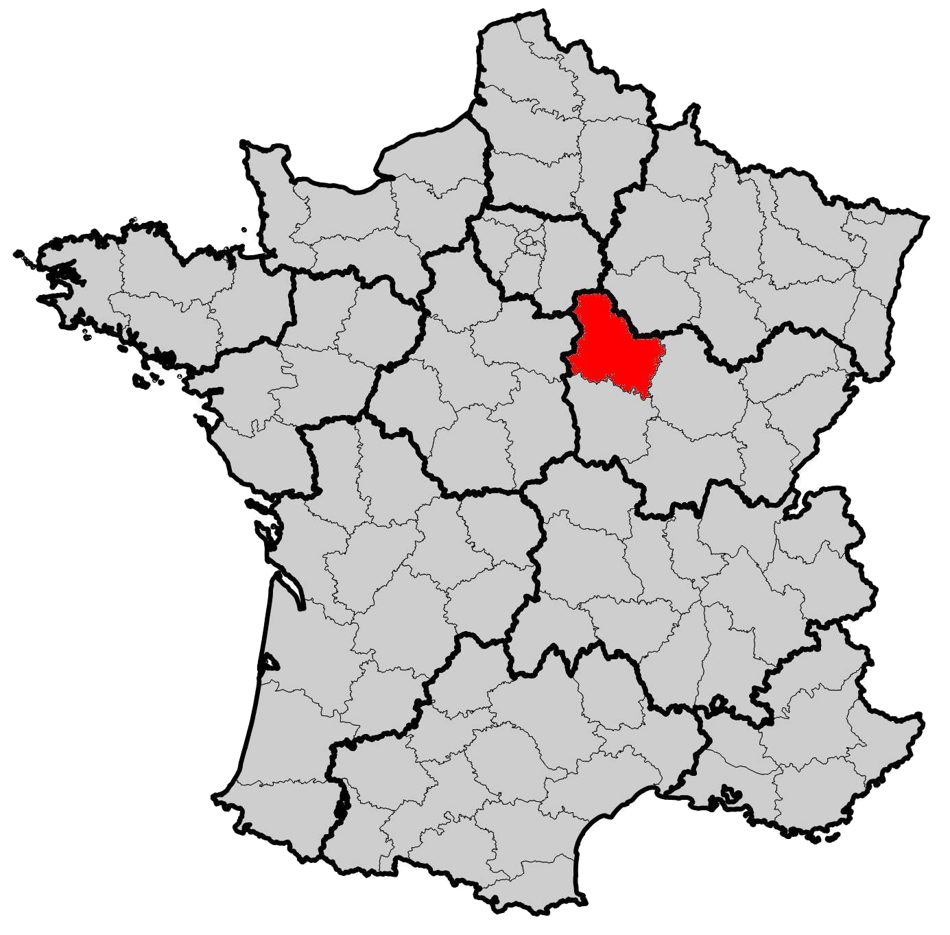 Une carte la France avec le département de l'Yonne mis en évidence